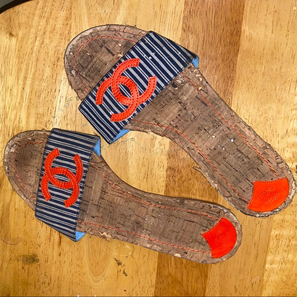 Chanel Logo Blue & White Striped Cork Sandals 36.5